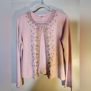Casual Corner pink beaded open sweater with a closure at neckline lined sz L
